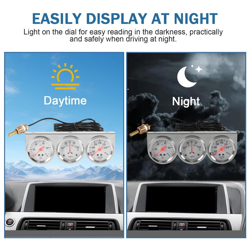 JDMSPEED 2" 52mm Triple Gauge Set Kit (Oil Pressure + Water Temperature + AMP Meter) 3-in-1 - Image 4